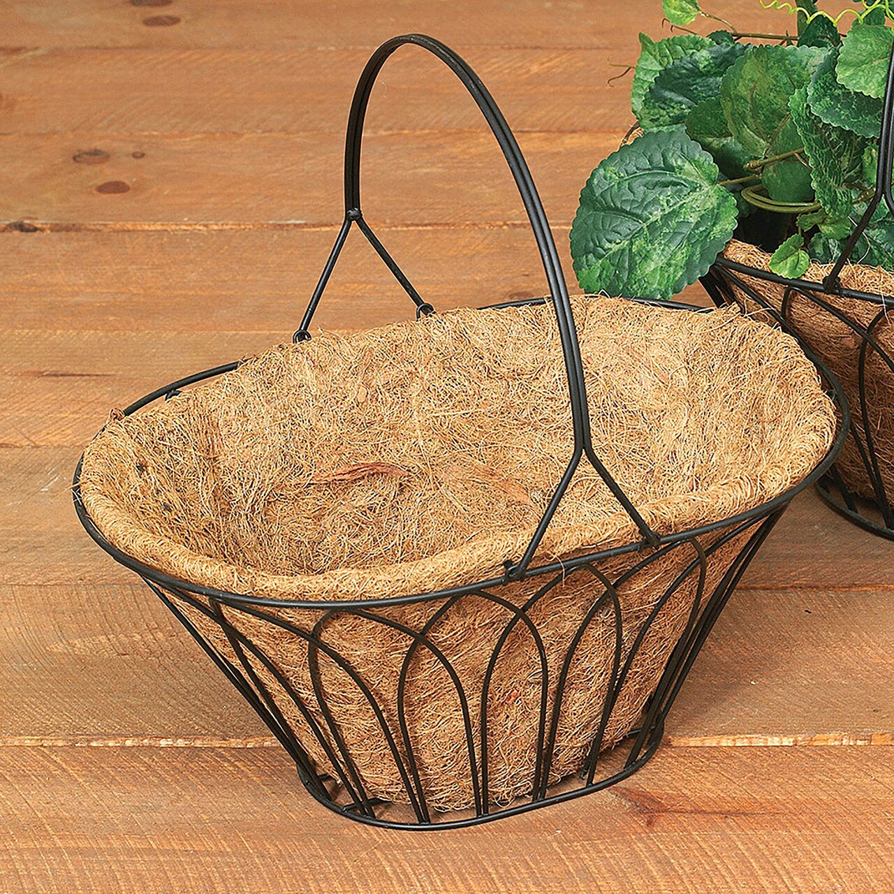 Oval Black Metal Wire Handle Basket with Coco Mat Liner - 15-Inch Long